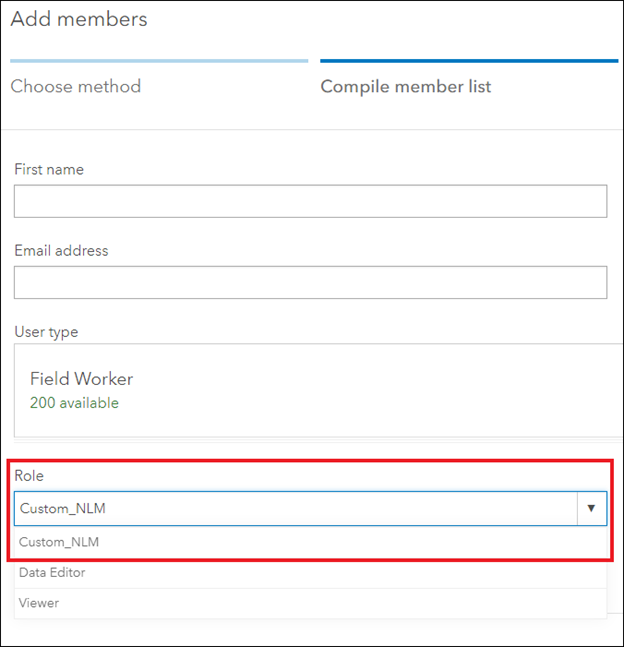 The custom and default roles display in the drop-down list when assigning a role to a new member during the invitation process.