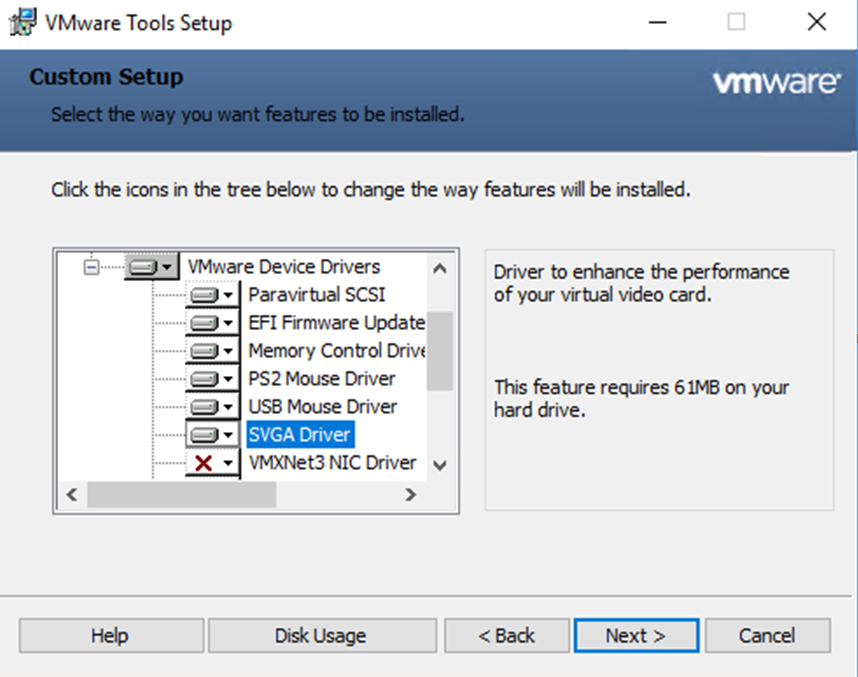 VMWare Tools setup, SVGA selected