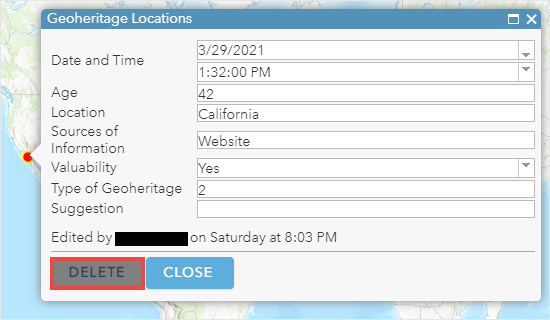 The pop-up of the ArcGIS Online Map Viewer Classic with the Delete option displayed.