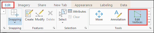 The ArcGIS Pro ribbon containing the Edit Vertices option from the Editor tool gallery.