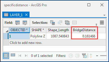 The attribute table for LAYER_1 with the result of the Calculate Geometry tool copied to the BridgeDistance field from the ToCalculate field in LAYER_2.