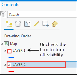 The Contents pane featuring the Uncheck the box to turn off visibility  option for the layers.