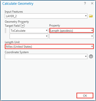 The parameters in the Calculate Geometry window.