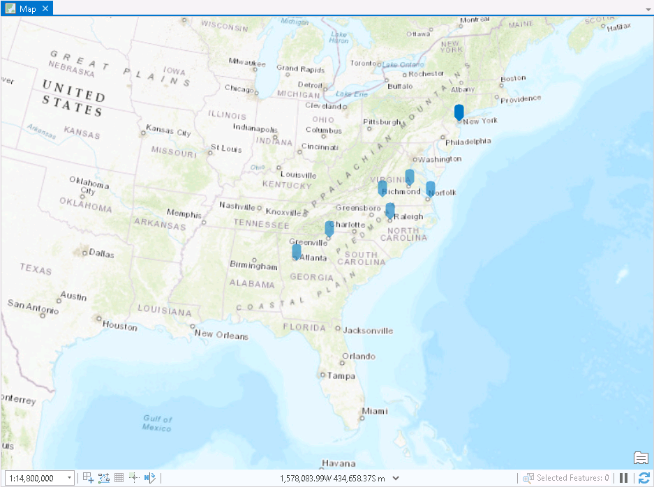 The map in ArcGIS Pro after creating the features