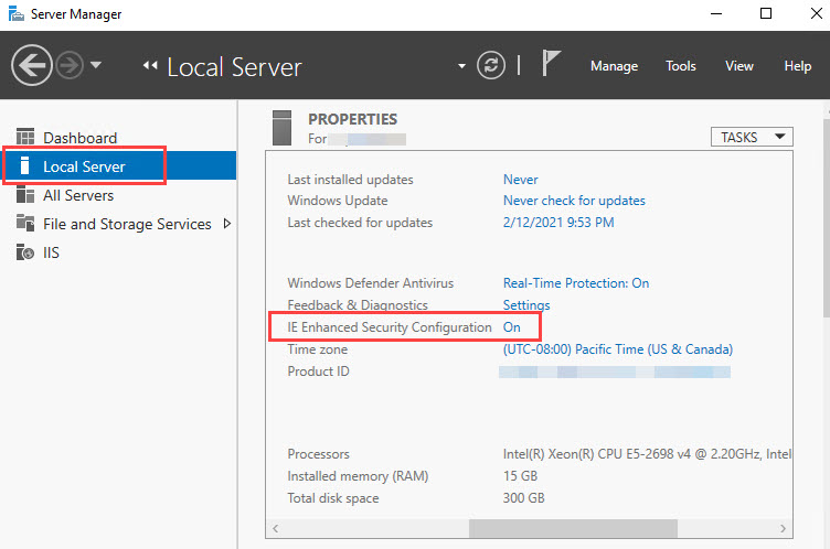 Launch Server Manager with an administrative account. Select Local Server, and search for IE Enhanced Security Configuration. Click the On option to modify the necessary settings.