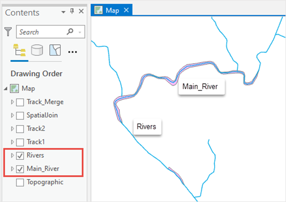 In an active map, the polyline layer, Rivers is overlaying the polygon layer, Main_River.