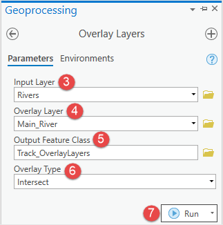 In the Overlay Layers pane, there are two tabs which are Parameters and Environments where the user must fill in the Parameters tab for Input Layer, Overlay Layer, Output Feature Class, and choose Overlay Type. Click Run.
