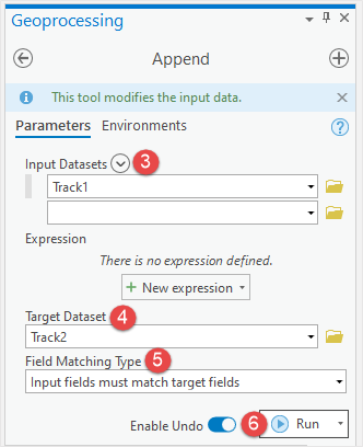 In the Append pane, there are two tabs which are Parameters and Environments where the user must fill in the Parameters tab for Input Dataset, Target Dataset, and choose Field Matching Type. The Enable Undo toggle is beside the Run button. Click Run.