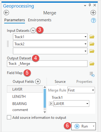 In the Merge pane, there are two tabs which are Parameters and Environments where the user must fill in the Parameters tab for Input Datasets and Output Dataset. Click Run.