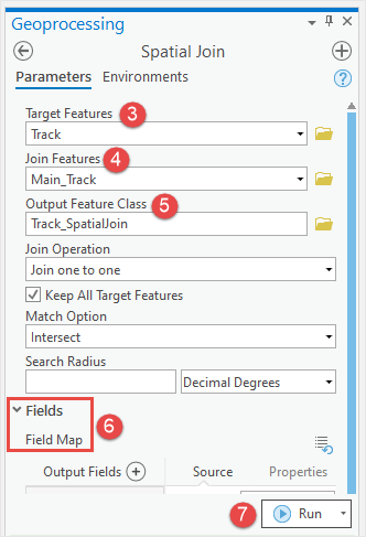 In the Spatial Join pane, there are two tabs which are Parameters and Environments where the user must fill in the Parameters tab for Target Features, Join Features, and Output Feature Class. When expanding the Fields node, there is a Field Map parameter which is optional. Click Run.