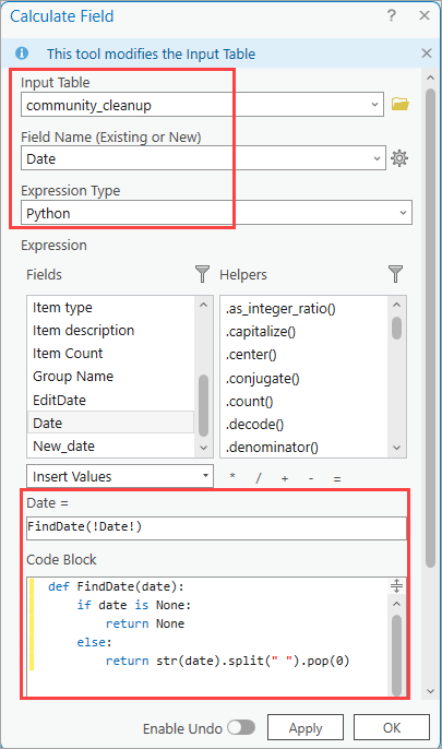 The Calculate Field window with the Python scripting.