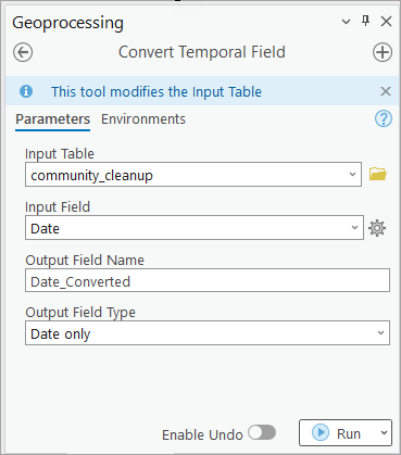 The Convert Time Field tool used to set the date format.