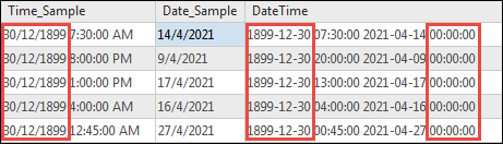 In ArcGIS Pro, the default date value 30/12/1899 is displayed before the time in the Time_Sample field. The date in the Date_Field is displayed in the dd/MM/yyyy format. Under the DateTime field where the result of the concatenation is populated, 1899-12-30 and 00:00:00 are also included.