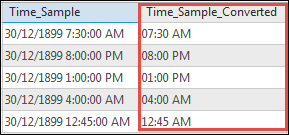 The result from the Convert Time Field tool is populated in the new field, Time_Sample_Converted. The time values are displayed in the hh:mm tt format. One example of the output is 07:30 AM.