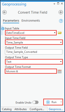 Fill in the parameters in the Convert Time Field tool pane. For the Input Table, Input Time Field, and Output Time Type section, click the drop-down arrow next to the boxes to select the parameter. For Output Time Format, type hh:mm tt for a custom time format. Click Run at the bottom right of the pane to run the tool.