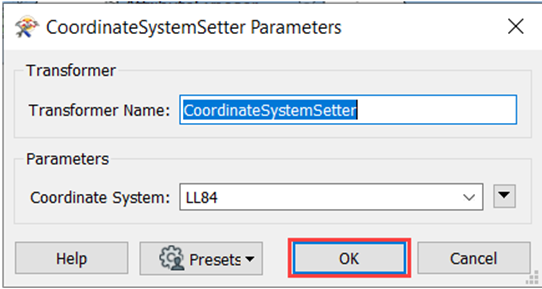 The CoordinateSystemSetter Parameters dialog box to set coordinate system