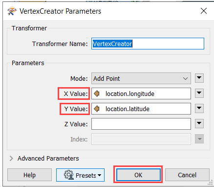 The VertexCreator Parameters dialog box to append the coordinates to points