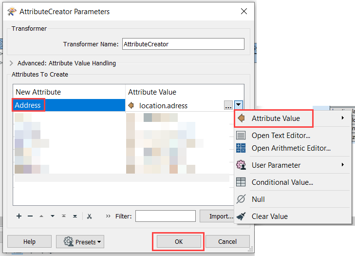 The AttributeCreator Parameters dialog box import attributes as JSON