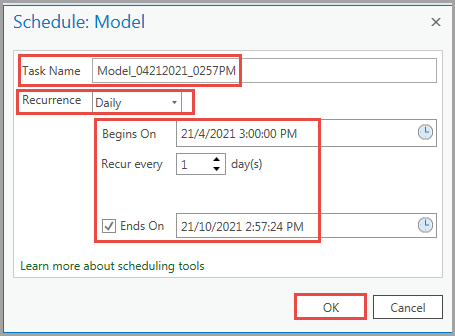 Scheduling a recurrence to automate field calculations in the Schedule: Model window.