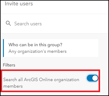 The 'Invite users' window shows the 'Search all ArcGIS Online organization' filter toggle is turned on.