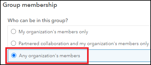 The group membership settings shows the option to allow 'Any organization's members' to join the group is selected.