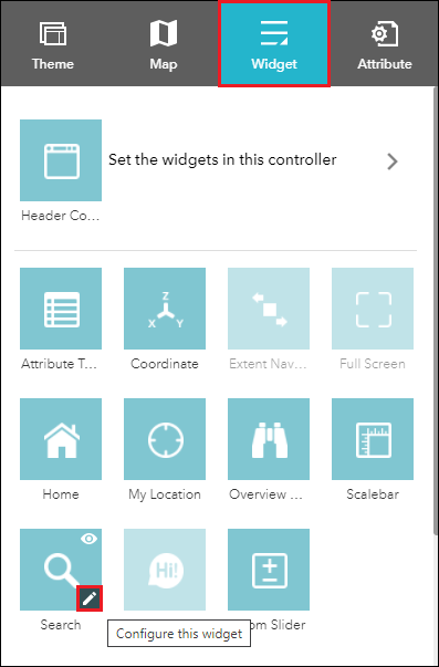 The widget tab displays a list of default widgets found in the ArcGIS Web AppBuilder app.