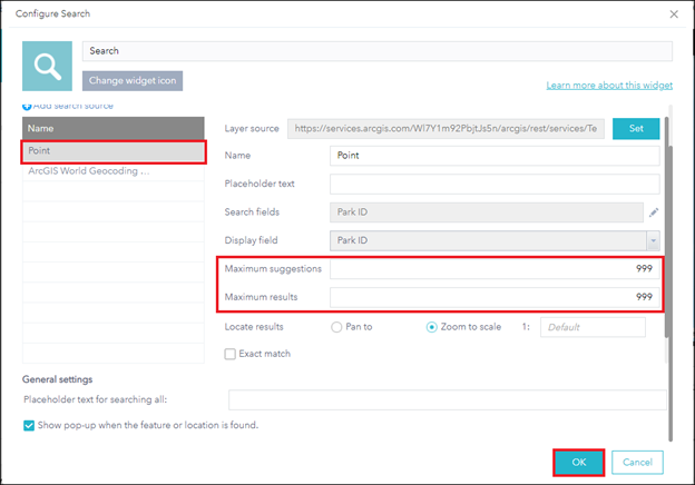 Configure the Maximum suggestions and Maximum results fields in the Configure Search window to change the maximum value of the fields.