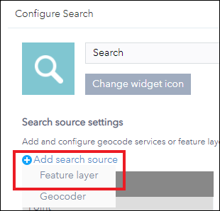 Add a feature layer as a search source in the Search widget.