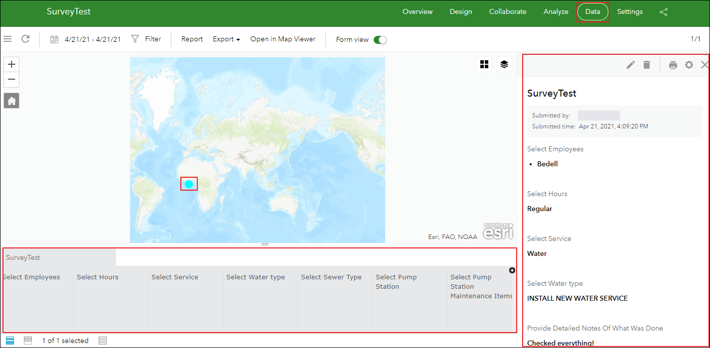 The Data tab on the ArcGIS Survey123 website displaying the survey data table without records.