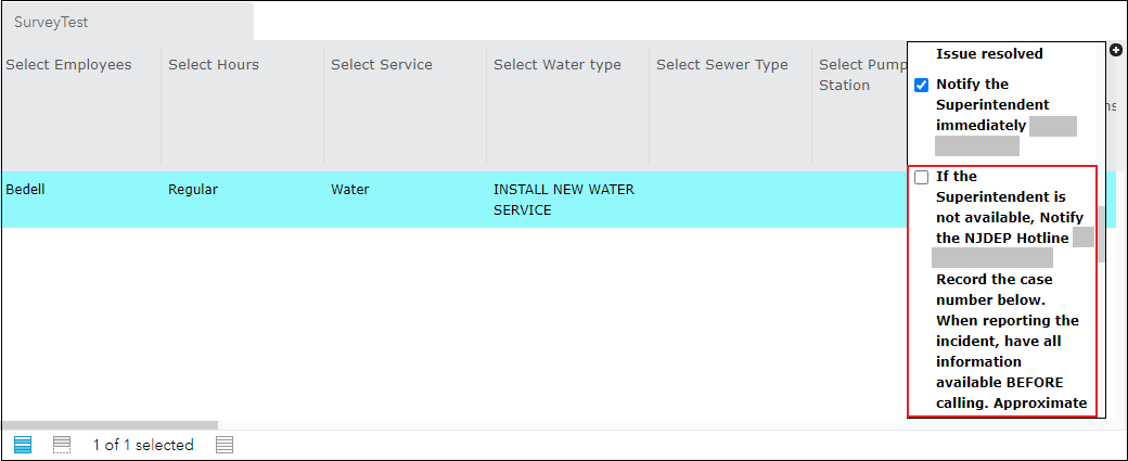 The survey data table on the Data tab with submitted survey records displayed after hiding the long field name..