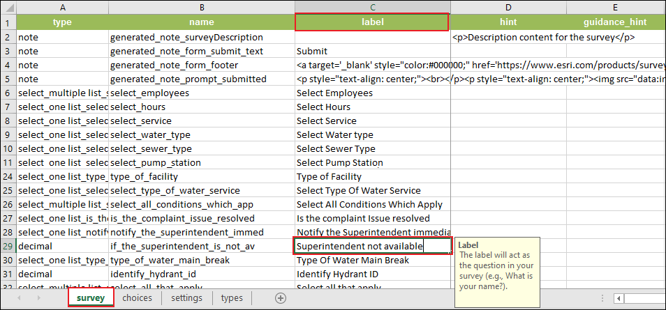 The XLSForm displaying the modified long field name to a shorter name in the label column.