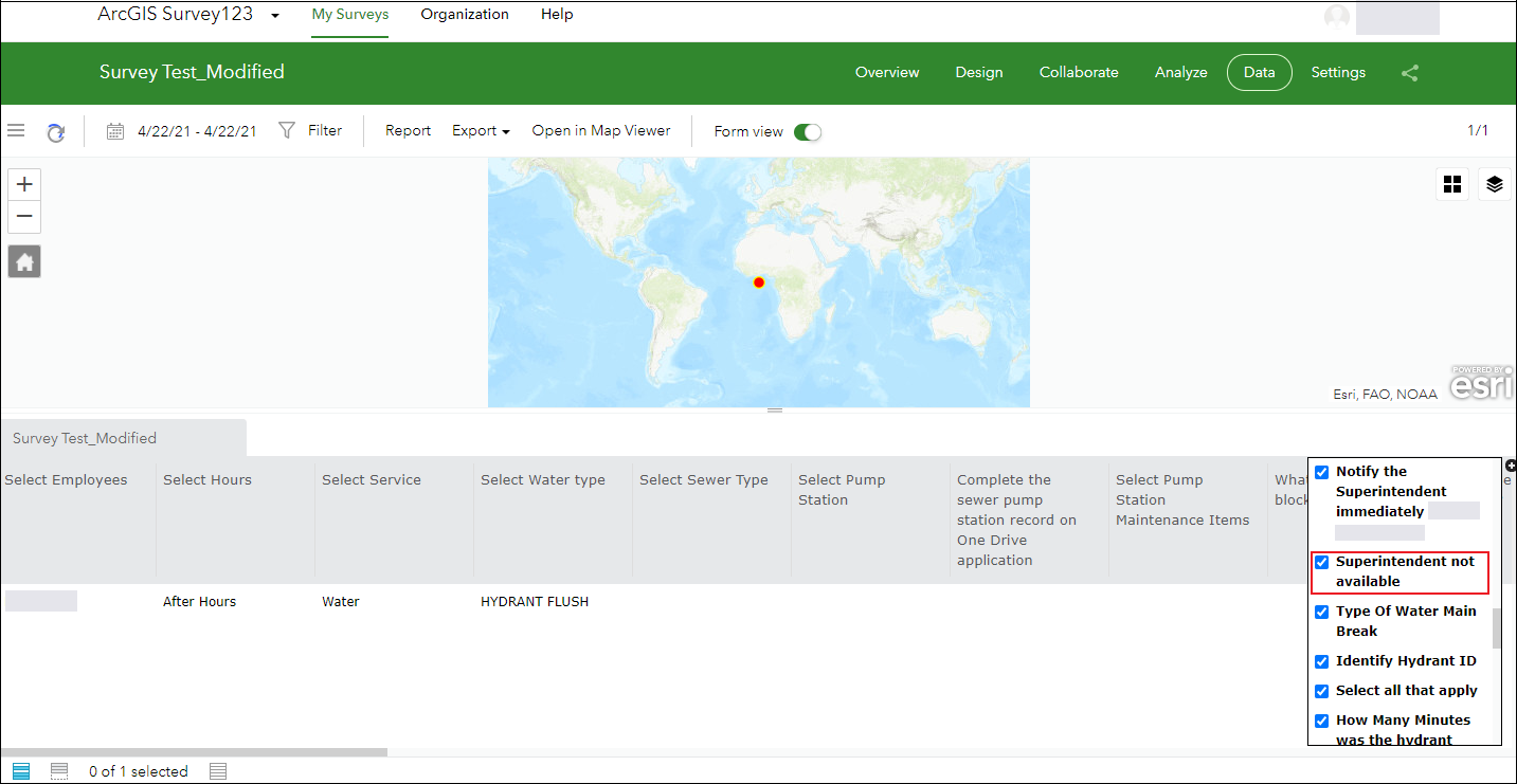 The survey data table with the shortened field name on the Data tab in ArcGIS Survey123.