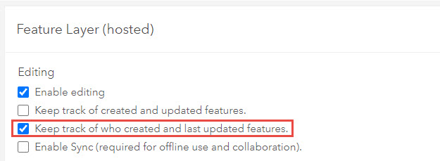 The Keep track who created and last updated features option is checked for the hosted feature layer.