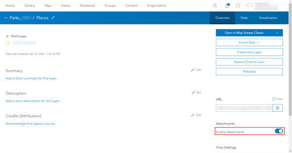 The ArcGIS Online layer details page with the Enable Attachments checked