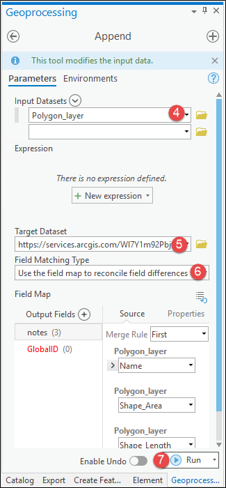 The Append Geoprocessing pane in ArcGIS Pro  to configure the Append tool to append data to the hosted feature layer.