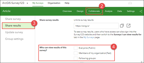 The ArcGIS Survey123 Collaborate tab with the 'Share results' settings
