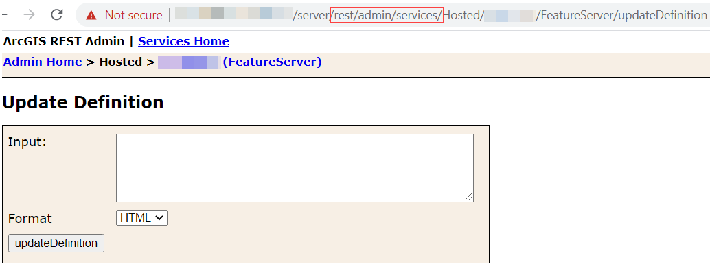Image of ArcGIS REST Admin showing the Update Definition page with an empty window