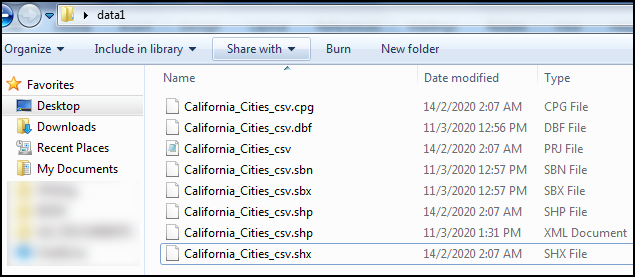 The data1 folder displaying the complete shapefile folder containing all the necessary files.