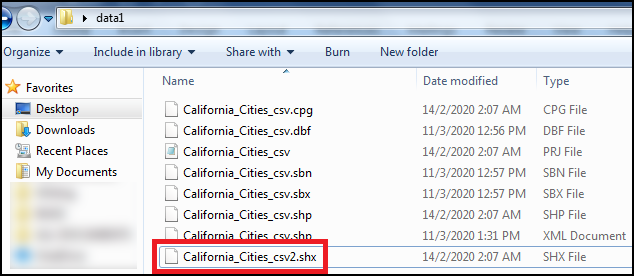 The data1 folder containing the mispelled .shx file name.