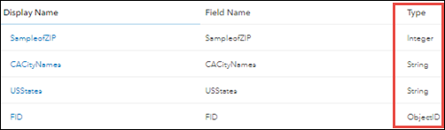 Columns displaying the Fields view of the hosted feature layer data, and no date field under the Type column.