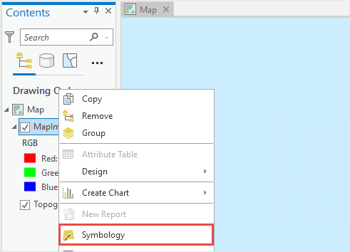 The Contents pane with the raster layer to select the symbology from the list.