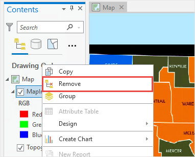 The Contents pane with the raster layer and remove is selected to remove the raster layer from the map.