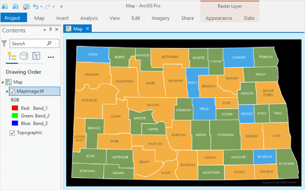 The raster dataset displayed in the ArcGIS Pro map view in the original colors.