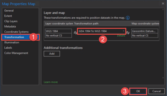 The Map Properties window with the GDA 1994 To WGS 1984 transformation path option
