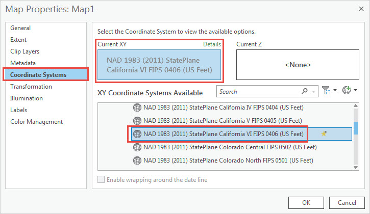 The map's coordinate system set to locate and display data correctly on the earth's surface.