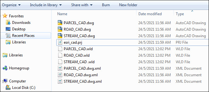 The list of CAD data (.dwg) and it's respective world (.wld) files.