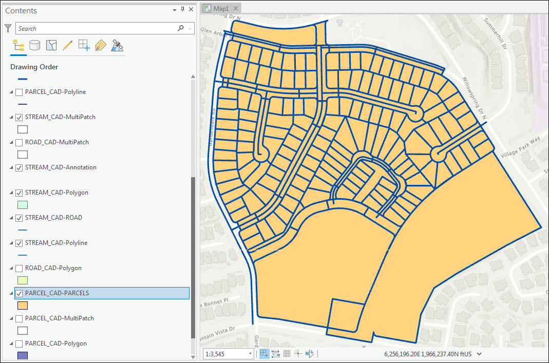 The CAD data added to the map georeferenced using a similar transformation