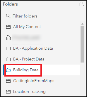 The Folders section on the My Content page displays the newly created folder named Building Data.