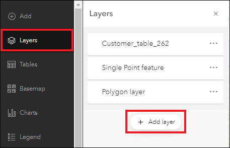 The Layers pane to add the editable hosted feature layer to the map.