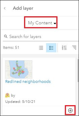 The Add layer pane under My Content to add the editable hosted feature layer to the map.